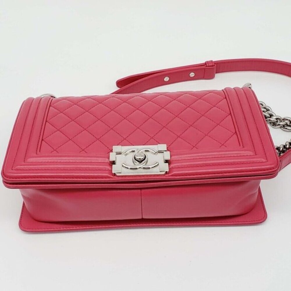 Authentic Chanel Boy Bag Red Quilted Leather Medium Flap Silver Chain CC Logo - Picture 7 of 16